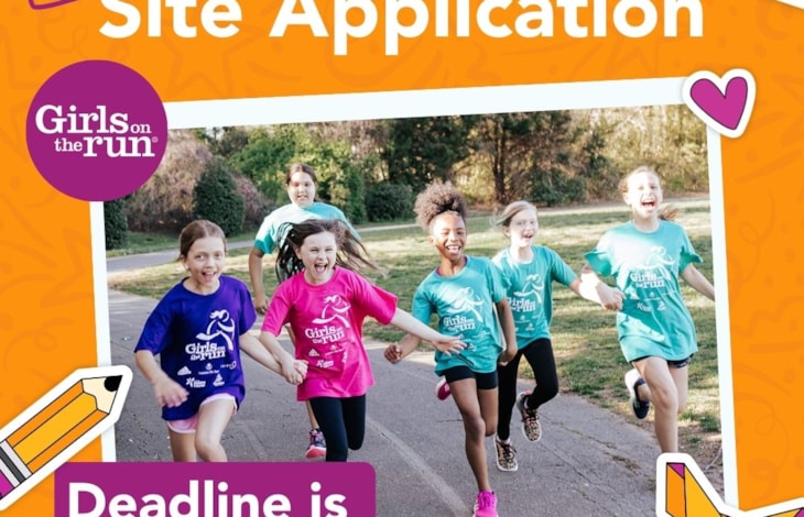 A polaroid of girls wearing Girls on the Run t-shirts that are purple, aqua and pink hold hands while running toward the camera. The graphic reads " Site Applications due May 31st, 2024."